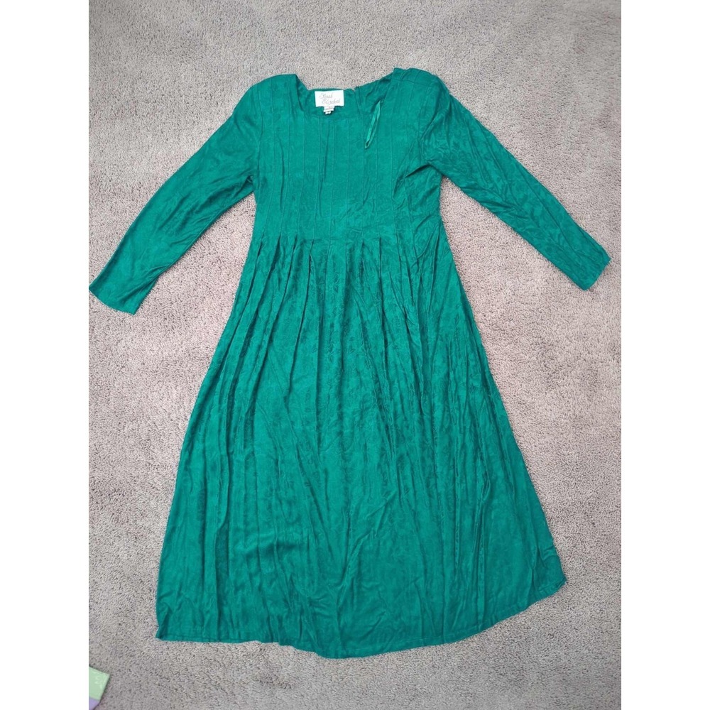 Vintage Sarah Elizabeth Dress Womens 12 Green Floral Textured Pleated